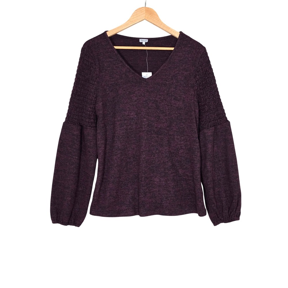 NWT Kismet Women's Yule Smocked Balloon Sleeve Heathered Purple Wine Black L